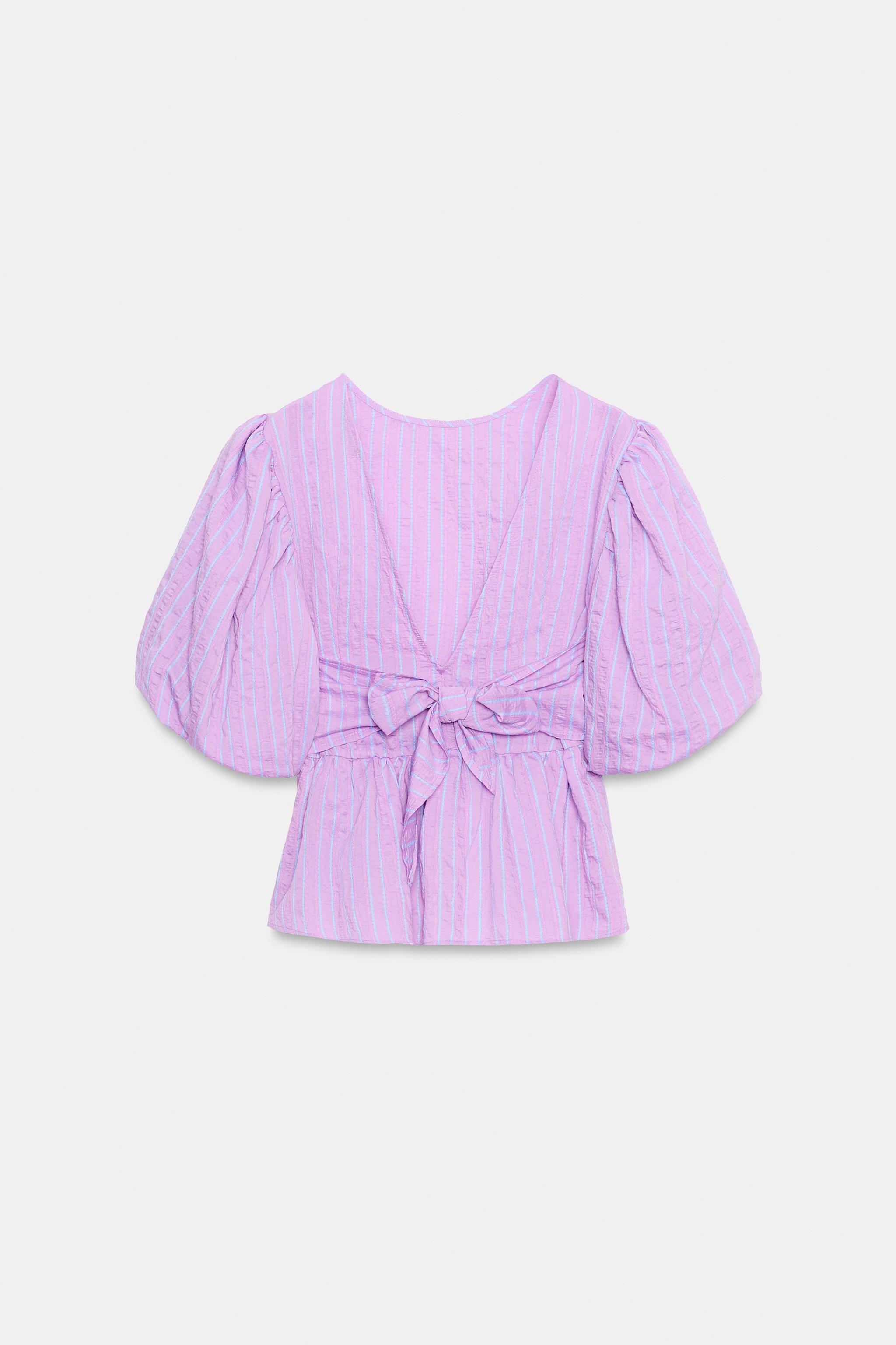 STRIPED PUFF SLEEVE TIE BLOUSE